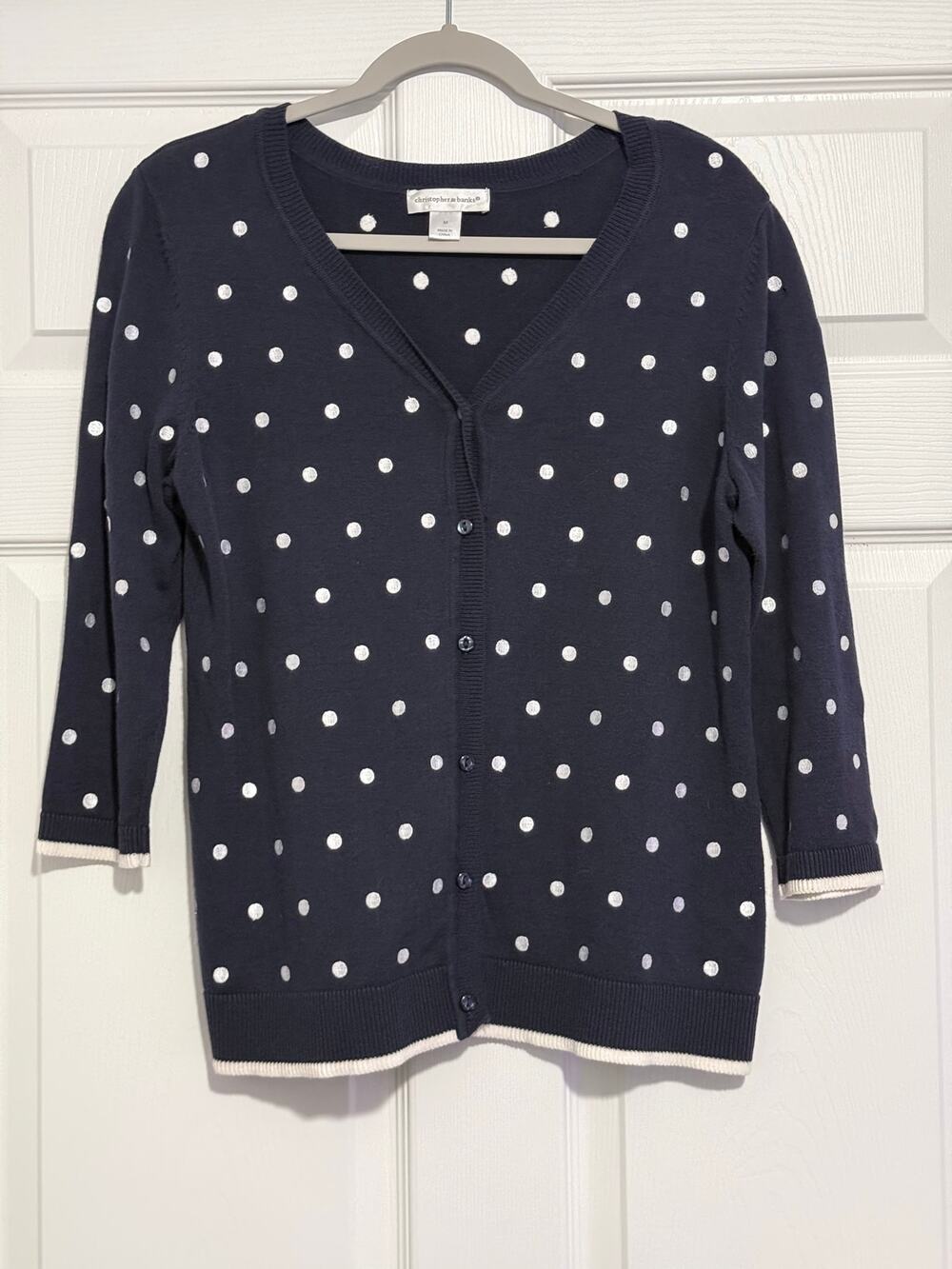 Christopher & Banks Navy Polka Dot Cardigan Medium 3/4 Sleeve Preppy